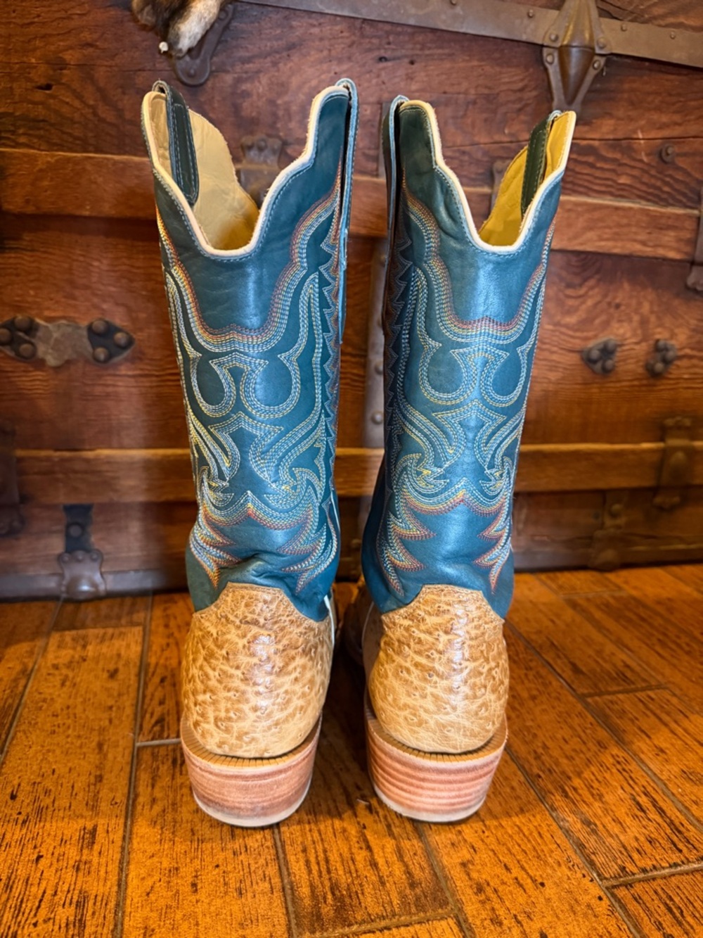R. Watson Men's Tan Ostrich Leather Cowboy Boots with Teal Shaft - Picture 5 of 11